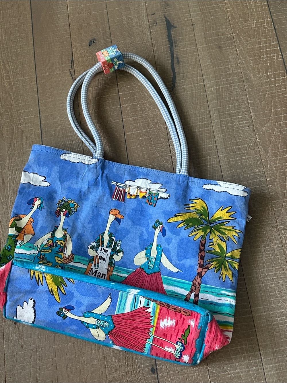 Blue Tropical Print Rope-Handle Tote Bag